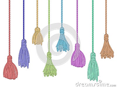 Tassel trim. Fabric curtain tassels, fringe bunch on rope and pillow colorful embelishments isolated vector set Vector Illustration