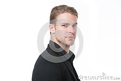 Taste in clothing. Man well groomed in formal outfit close up isolated white background. Business dress code means for Stock Photo