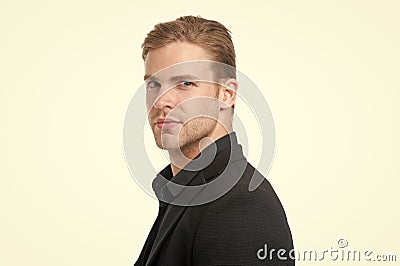 Taste in clothing. Man well groomed in formal outfit close up isolated white background. Business dress code means for Stock Photo