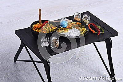 Taste and spicy cuisine concept. Italian dish on table tray Stock Photo