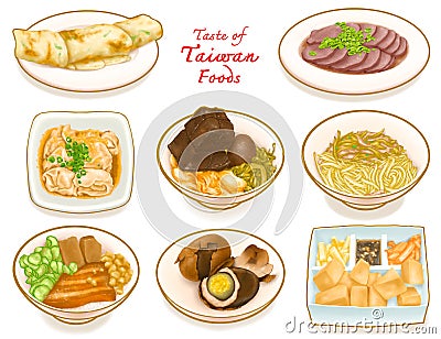 Taste of Taiwan food collection, scallion pancake beef roll, sliced beef, tea egg, stinky tofu wonton, braised pork rice Cartoon Illustration