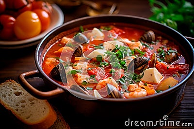 Taste of Tuscany: Cacciucco, A Traditional Tuscan Fish Stew with Fresh Seafood and Tomatoes Stock Photo