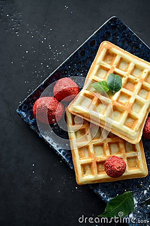 Tasteful Belgian waffles and dried strawberries for breakfast Stock Photo