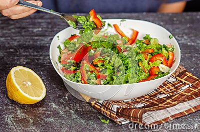 Tasting a delicious vegetable salad on a brown kitchen towel. Silver fork, lemon. Gray background Stock Photo