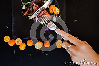 Tasting exotic restaurant gourmet food Stock Photo