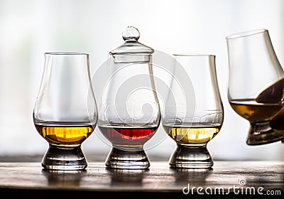 Tasting of flight of Scotch whisky from special tulip-shaped glasses on distillery in Scotland, UK Stock Photo
