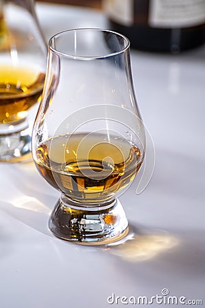Tasting of whiskey, tulip-shaped tasting glasses with dram of Scotch single malt or blended whisky on white table Stock Photo