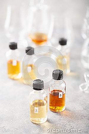 Tasting whisky bottles and glasses or spirit brandy cognac. tasting at home Stock Photo