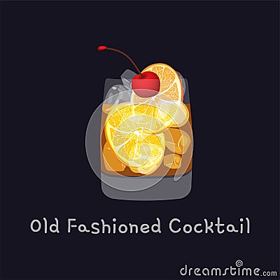 Tasty alcoholic old fashioned cocktail with orange slice, cherry, and lemon peel garnish with ice cubes, isolated on Vector Illustration