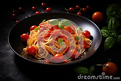 Tasty appetizing classic italian pasta on dark table Stock Photo