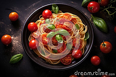 Tasty appetizing classic italian pasta on dark table Stock Photo