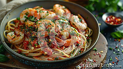 appetizing pasta spaghetti with tomato sauce and shrimps Stock Photo