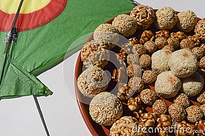 Tasty Assorted sankranti sweets. Til laddu, peanut, amaranth, sesame, puffed rice ladoos Indian sweet balls for uttarayan,pongal, Stock Photo