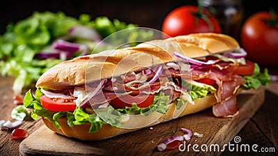 Tasty baguette filled with salad, tomatoes, onions and prosciutto. Generative AI Stock Photo