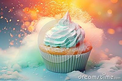 Tasty baking cupcake or muffin with cream icing, frosting, bright colored sprinkles. Rainbow Birthday cupcake with a sparkler and Stock Photo