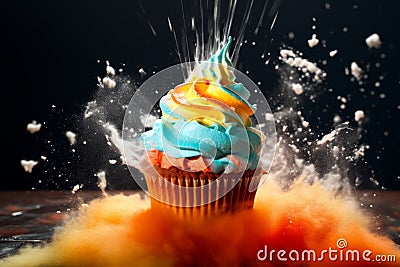 Tasty baking cupcake or muffin with cream icing, frosting, bright colored sprinkles. Rainbow Birthday cupcake with a sparkler and Stock Photo