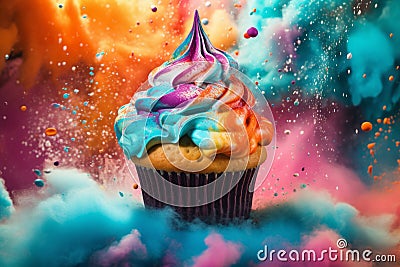 AI generated. Tasty baking cupcake or muffin with cream icing, frosting, bright colored sprinkles. Rainbow Birthday cupcake with a Stock Photo