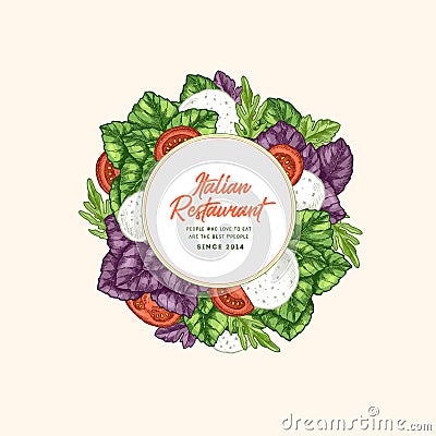 Tasty basil and mozarella design template. Engraved illustration. Italian ingredients. Caprese ingredients. Vector illustration Vector Illustration