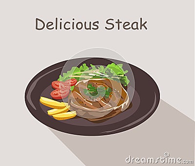 Tasty Beef steak with potatoes fries and vegetables on the plate.Steak vector Vector Illustration