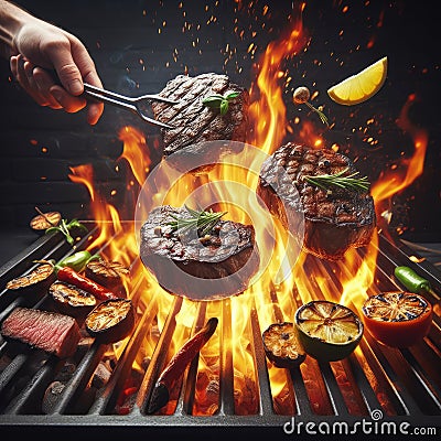 Tasty beef steaks and skewers flying above cast iron grate with fire flames. Stock Photo