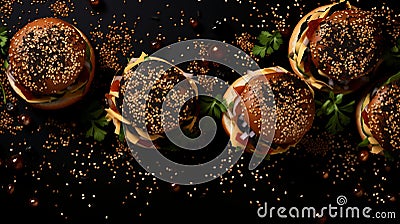 Tasty Beef and Veggie Craft Burgers on Sesame Seed Black Background - Food Photography Stock Photo