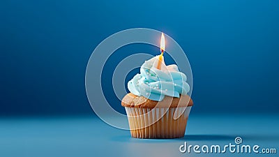 Tasty birthday cupcake with a candle on a blue background. Mini cake. Ai generative Stock Photo