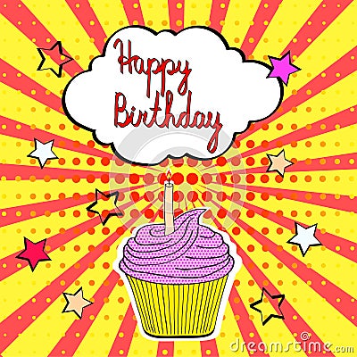 Tasty birthday cupcake with candle and words Happy Birthday in p Vector Illustration