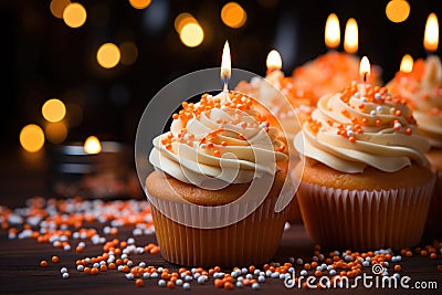 Tasty birthday cupcakes with candles on table Stock Photo