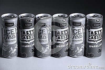 Tasty Black Currant Cassis Sparkling drink and Ice Tea cans from Jumbo, Dutch supermarket Editorial Stock Photo