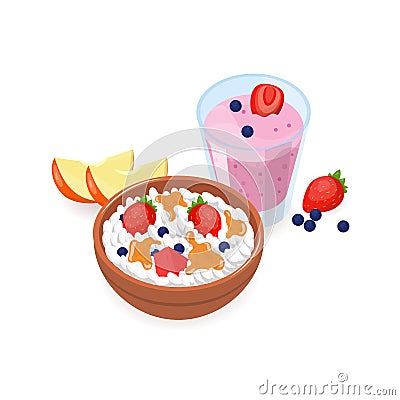 Tasty breakfast consisted of cottage cheese with fruit slices, berries, organic honey Vector Illustration