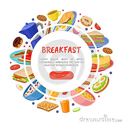 Tasty Breakfast Food Banner Design with Sandwich, Porridge and Omelette Vector Template Vector Illustration