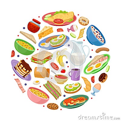 Tasty Breakfast Food Round Composition with Sandwich, Porridge and Omelette Vector Template Vector Illustration