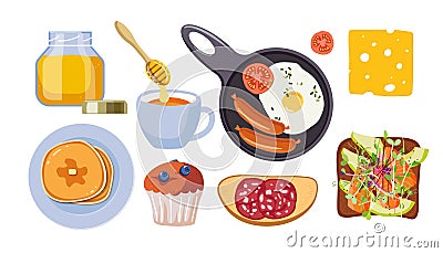 Tasty Breakfast. Honey, cus of tea, cake. pancakes, sandwiches, scrambled eggs with sausage. Various tasty healthy meal Vector Illustration