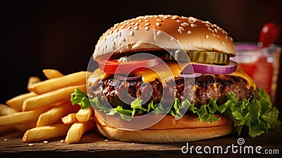Tasty burger with beef, french fries and ketchup on dark background. Burger top view. Fast food fries and cheeseburger Stock Photo