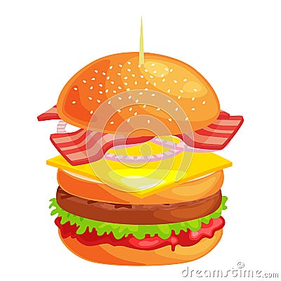 Tasty burger grilled beef and fresh vegetables dressed with sauce in bun for snack or lunch, hamburger classical Vector Illustration