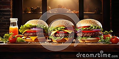 Tasty Burgers Beckon From A Rustic Wooden Table Stock Photo