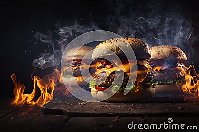 Tasty burgers with fire, ai generative illustration Cartoon Illustration