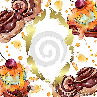 Tasty cake and bun sweet dessert. Watercolor background illustration set. Frame border ornament square. Cartoon Illustration
