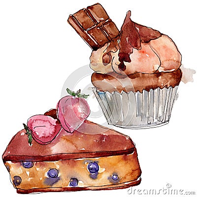 Tasty cake and bun sweet dessert. Watercolor background set. Isolated desserts illustration element. Cartoon Illustration