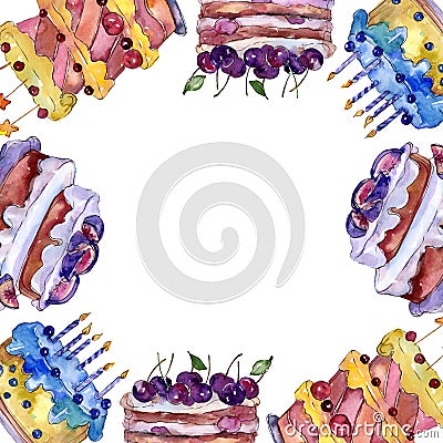 Tasty cake with fruits in a watercolor style . Sweet dessert background set. Frame border ornament square. Cartoon Illustration