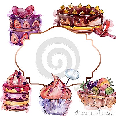 Tasty cake with fruits in a watercolor style isolated. Sweet dessert background set. Frame border ornament square. Cartoon Illustration