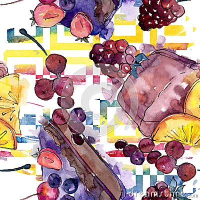 Tasty cake in a watercolor style. Watercolour illustration set. Seamless background pattern. Cartoon Illustration