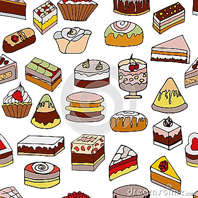 Tasty cakes seamless pattern. Decorated with colored frosting Vector Illustration