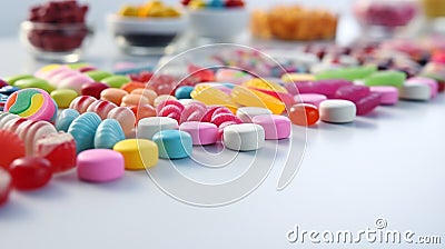 tasty candy in many colors on a white wooden table Stock Photo