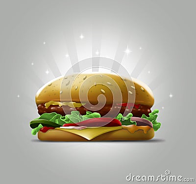 Tasty cartoon burger with sesame seeds and meat Cartoon Illustration