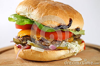 Tasty cheese beef burger with lettuce, cheddar and tzatziki Stock Photo