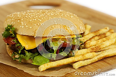 Tasty cheeseburger with fries Stock Photo