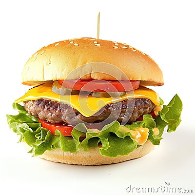 tasty cheeseburger with lettuce, tomato, onion Stock Photo