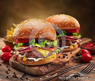 Tasty cheeseburgers on wooden tray, some seasonings and cutlery near it Stock Photo