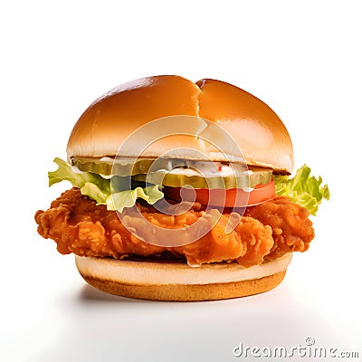 Tasty chicken burger with lettuce, sauce, cucumber and tomato on a white background Vector Illustration